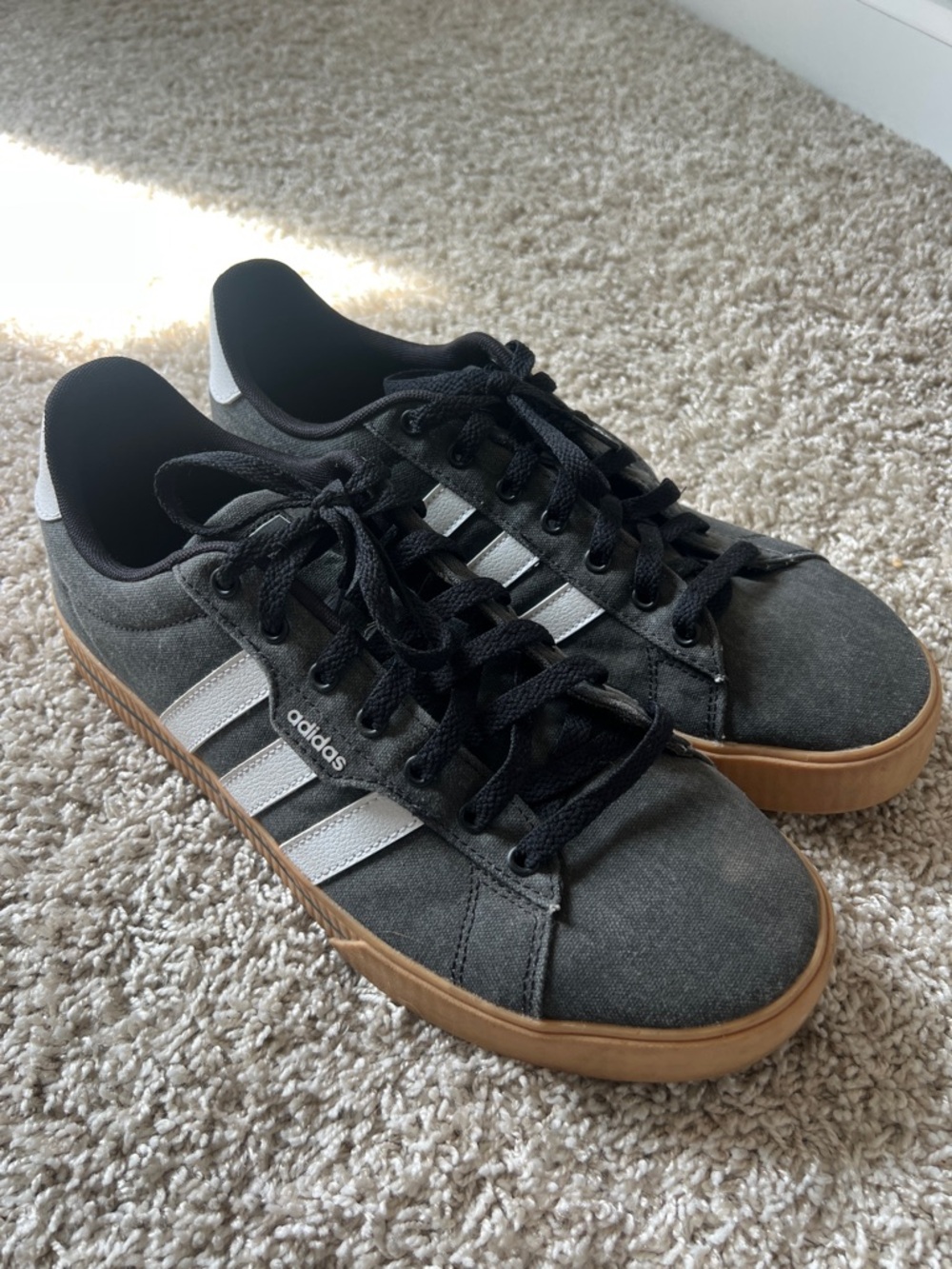adidas Dark Gray Canvas Sneakers with White Stripes and Gum Sole
